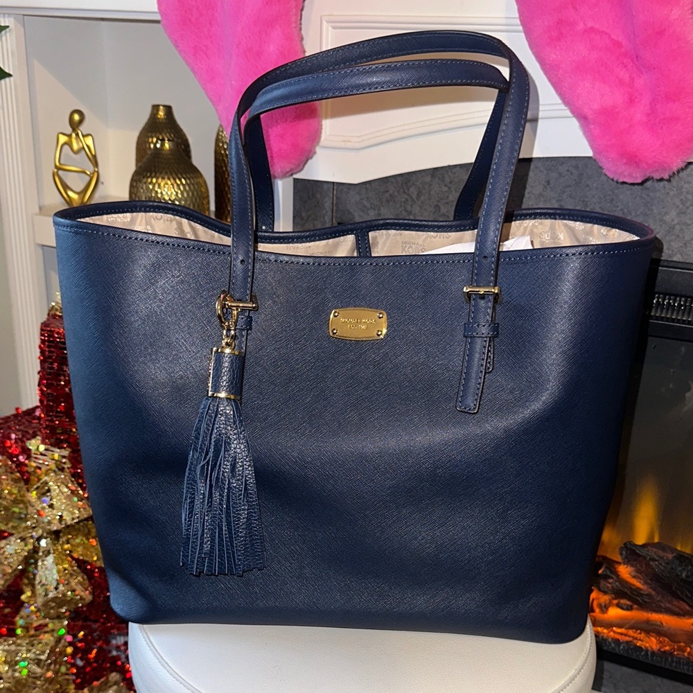 Michael Kors Dark Blue Tote with Tassel Keychain (originally sold separately)